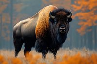 Majestic American bison standing in golden autumn grassland with warm sunset lighting and colorful fall foliage creating dramatic wildlife scene.