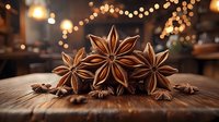 Star anise pods arranged on rustic wooden surface with warm bokeh lights in background, aromatic spices creating cozy festive atmosphere.