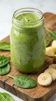 Fresh green smoothie with spinach and banana in mason jar on wooden cutting board for healthy breakfast and detox nutrition.