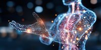 Glowing anatomical visualization showing human torso skeletal structure with luminous particle effects against dark background, medical science concept.