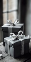 Elegant black gift boxes with silver ribbon bows arranged near window, creating moody atmospheric composition with natural lighting and shallow depth of field.