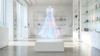 Futuristic holographic wedding dress display in modern white showroom with glass shelves and natural lighting for bridal technology concepts.