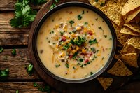 Creamy queso dip garnished with fresh herbs and red pepper flakes served in rustic bowl with corn tortilla chips on wooden background, appetizing party snack.