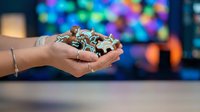 Hands holding colorful Christmas gingerbread cookies with festive icing decorations against blurred holiday lights background for seasonal baking and celebration.