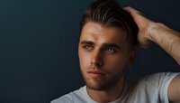 Young Caucasian man with styled hair running hand through hair, wearing white t-shirt against dark blue background, contemplative expression in dramatic lighting.