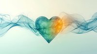 Ethereal heart shape formed by flowing turquoise and orange smoke waves against light background, creating romantic and dreamy atmosphere for valentines designs.
