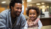 African American father and toddler daughter share joyful moment together, both with bright genuine smiles. Close up portrait showing loving parental bond and happiness.