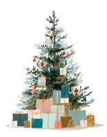 Festive Christmas tree with colorful ornaments surrounded by wrapped presents in pastel and metallic colors on white background.