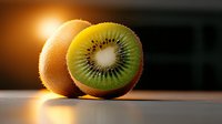 Fresh ripe kiwi fruit cut in half showing juicy green flesh and black seeds with whole kiwi and warm backlight creating atmospheric mood.