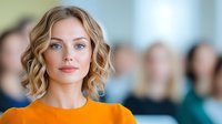 Professional blonde businesswoman in orange top at corporate meeting with confident expression and wavy hairstyle for workplace presentations.