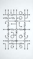 Electronic circuit diagram with resistors, arrows and connection points showing electrical flow paths and component relationships for engineering projects.