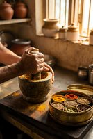 Hands grinding spices in a stone mortar and pestle beside a traditional spice box with turmeric, chili, and seeds in a rustic kitchen.