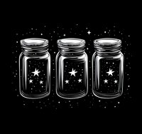 Three mason jars with captured stars and cosmic elements on black background, mystical minimalist line art style drawing with magical night sky elements.