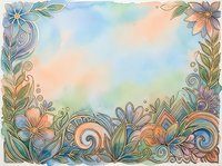 Soft watercolor floral border frame with swirls, leaves, and blooms in pastel peach, blue, and green tones, with copy space for text or design.