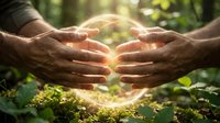 Hands of middle-aged man with medium skin tone cupping glowing orb of light above moss-covered ground in forest setting, symbolizing energy, healing, spirituality, and environmental connection for wellness and nature themes.