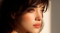 Young brunette woman with bangs in warm golden sunlight creating dramatic shadows and highlights on her face for beauty and lifestyle content.