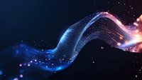Digital wave of glowing particles flowing across dark background, representing data stream, technology innovation, and abstract motion for tech presentations and digital marketing.