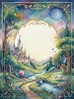 Watercolor fairy tale frame with castle, unicorn, river, crescent moon and stars, golden ornate border with copy space in center.