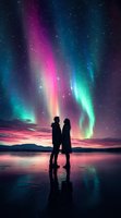 Silhouette of romantic couple standing beneath vibrant aurora borealis lights reflecting on calm water surface, with starry night sky and mountain landscape.