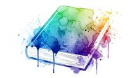 Watercolor book with vibrant rainbow splashes and paint drips on white background. Creative education and reading concept for artistic designs.
