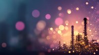 Industrial oil refinery silhouette against sunset sky with dreamy bokeh lights and sparkles creating magical atmospheric background for energy concepts.