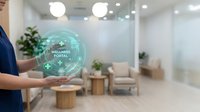Wellness portal hologram displayed by healthcare professional in modern medical clinic interior with plants and contemporary furniture.