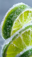 Fresh lime slices covered in sparkling sugar crystals on gray background, extreme macro shot showing detailed texture and juicy citrus flesh.