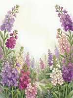 Watercolor garden frame with purple, pink, and white wildflowers forming an arch, soft pastel tones, copy space for text or design.