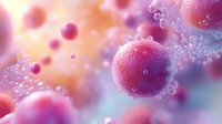 Microscopic view of pink spherical virus cells with protein spikes floating in blurred purple and orange background with bokeh effect for medical research and education.