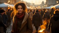 Young woman with curly hair smiling at winter market, wearing brown coat and red scarf, with festive crowd and fire in background during golden hour.