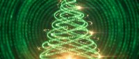 Digital Christmas tree made of glowing green binary code with sparkling lights on dark background with circular tech pattern for holiday designs.