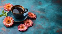 Black coffee cup with coral pink gerbera daisies on textured turquoise background. Moody morning composition with fresh flowers and dark ceramic mug.