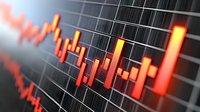 Orange glowing financial candlestick chart showing market volatility and trading data on dark grid background, dramatic angle view for business presentations.