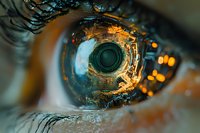 Extreme close-up of human eye with digital circuit reflection, symbolizing technology integration with human biology and artificial intelligence concept.