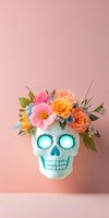 Glowing white sugar skull decorated with vibrant pink and orange flowers, green leaves on pink background. Artistic Day of Dead celebration concept.