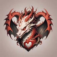 Red and white dragon head with dark wings forming heart shape against neutral background. Fantasy creature design with detailed scales and horns.