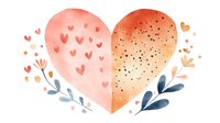 Watercolor heart in coral and peach tones decorated with tiny hearts, dots and delicate blue leaves on white background, romantic design element.