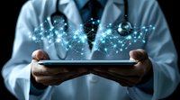 Asian male doctor in white coat holding digital tablet with glowing blue network hologram floating above, representing healthcare technology and medical data connectivity.