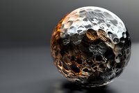 Metallic sphere with intricate textured surface combining silver, bronze and black tones against dark background, creating dramatic lighting and shadow effects.