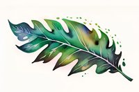 Watercolor tropical leaf in vibrant green and blue tones with artistic splashes and gradient effects, isolated on white background for creative design projects.