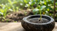 Young green seedling growing in stone bowl with soil on wooden surface against blurred garden background symbolizing growth and new beginnings.