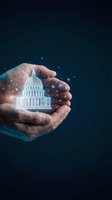 Hands protecting glowing capitol building hologram with sparkling lights on dark blue background representing government security and political protection.