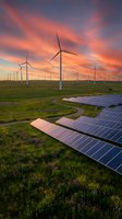 Wind turbines and solar panels in green field at sunset showcasing renewable energy technology and sustainable power generation for environmental projects.