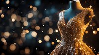 Elegant golden sequin evening gown on dress form with sparkling bokeh lights and blue accents, perfect for fashion, luxury, and formal event design projects.