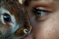 Close-up portrait showing contrast between brown rabbit eye and blue human eye with freckles, creating artistic juxtaposition of nature and humanity.