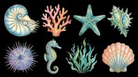 Watercolor ocean creatures clipart set with nautilus, coral, starfish, conch, sea urchin, seahorse, seaweed, and scallop shell, isolated for print on demand.