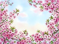 Spring cherry blossom branches frame soft pastel sky background with pink flowers and green leaves for seasonal greeting cards and nature designs.