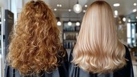 Contrasting hairstyles in salon: natural curly ginger hair and straight platinum blonde hair shown from back view, demonstrating different hair textures and styling results.