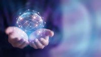 Digital brain hologram floating above open hands with glowing neural network connections on futuristic blue purple background for AI technology concepts.