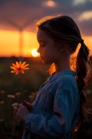 Young girl in blue dress holding orange daisy flower at sunset, silhouette profile view with golden sunlight and wind-blown hair creating dreamy atmospheric mood.